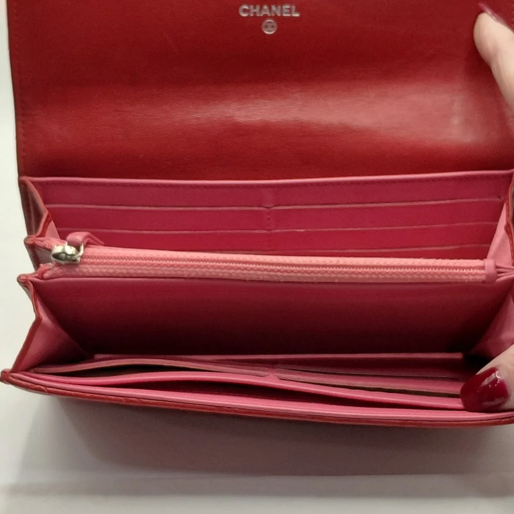 CHANEL Red Pink Quilted Matelasse Lambskin Long Wallet